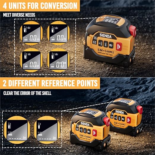 SENDA 3-in-1 Laser Tape Measure - 197Ft Digital Measuring Tape with Led Display&16Ft Measuring Tool with Magnetic Hook & Auto Lock - Pythagorean, Area, Volume, Ft/Ft+in/in/M Unit,AAA Battery*2, Yellow