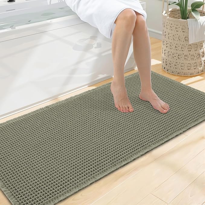 Smiry Waffle Bath Mat 47x20, Extra Soft Absorbent Bathroom Rugs, Non Slip Machine Washable Quick Dry Bath Rugs for Bathroom Floor, Tub, Shower, Home Decor Accessories, Green