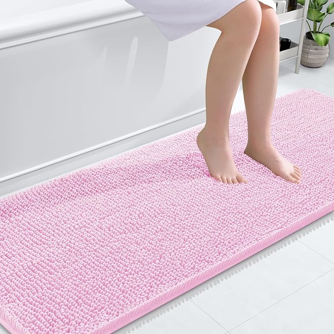 OLANLY Bathroom Runner Rugs 70x24, Extra Soft Absorbent Chenille Bath Rugs, Rubber Backing Quick Dry, Machine Washable Long Bath Mats for Bathroom Floor, Tub and Shower, Home Decor Accessories, Pink