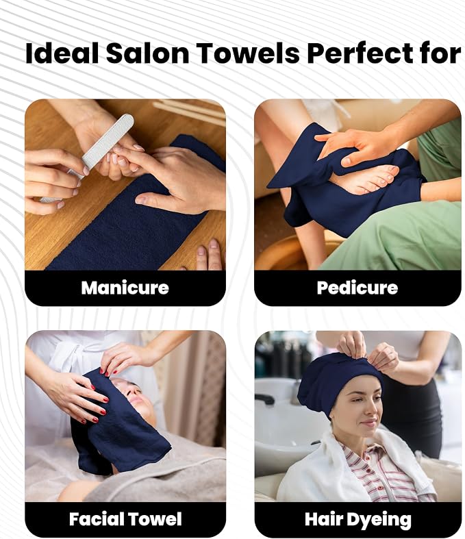 Avalon Towels Salon Towel - Navy Blue Hand Towels Bulk Pack of 24 - 100% Cotton Absorbent Spa, Facial & Gym Towel for Working Out - 16x27 Inches (Not Bleach Proof)