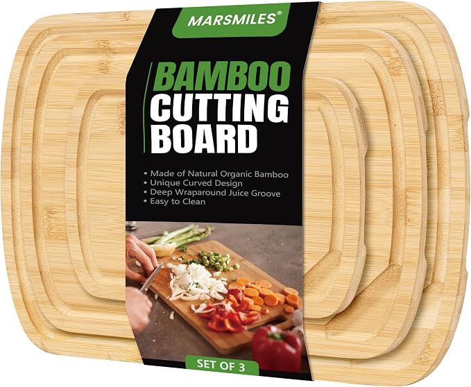 Marsmiles Bamboo Cutting Board, Durable Wood Cutting Boards with Deep Juice Grooves & Back Inner Handle, Ideal Chopping for Meat, Vegetables and Fruits, Natural, Set of 3