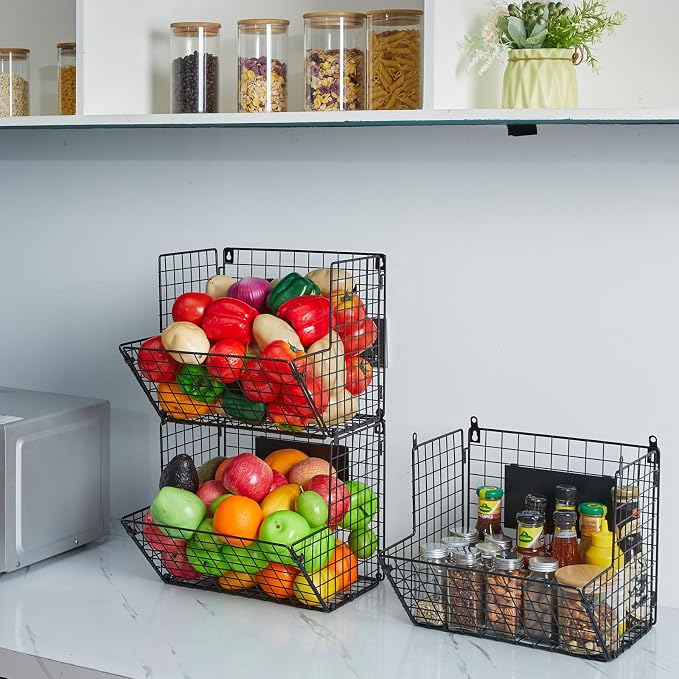 X-cosrack Metal Wire Basket Wall Mount, 3 Tier Wall Storage Basket Organizer with Hanging Hooks Chalkboards, Rustic Kitchen Fruit Produce Bin Rack Bathroom Tower Baskets (Black)