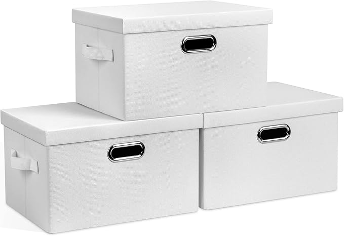 Graciadeco Medium 15" 21 Quart Collapsible Stackable Storage Bins with Lids, 3 Packs White Foldable Fabric Closet Boxes Heavy-duty Linen Cube Baskets Container for Bedroom Office (15 x 11 x 8)