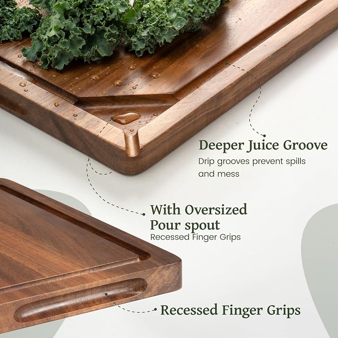 17" x 11.8" Acacia Wood Cutting Boards for Kitchen, Kikcoin Wooden Cutting Board, Chopping Board with Built-In Compartments and Juice Groove, Heavy Duty Charcuterie Board Wood Butcher Block
