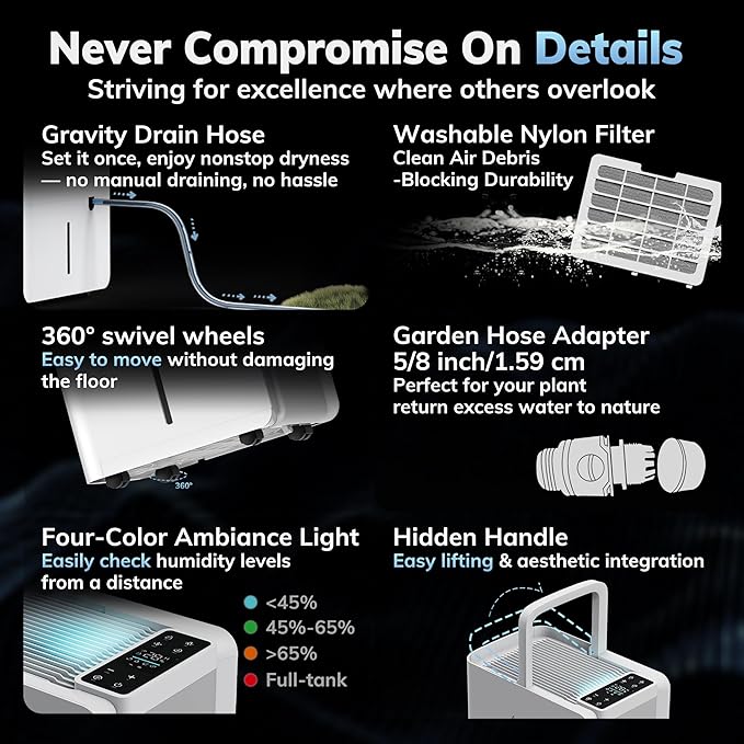 AEOCKY 50 Pint/Day Compressor Dehumidifier, 3500Sq.Ft for Basement, Home, Bedroom, Bathroom, with Drain Hose, 0.8 Gallon Water Tank Capacity, Intelligent Humidistat, Quiet