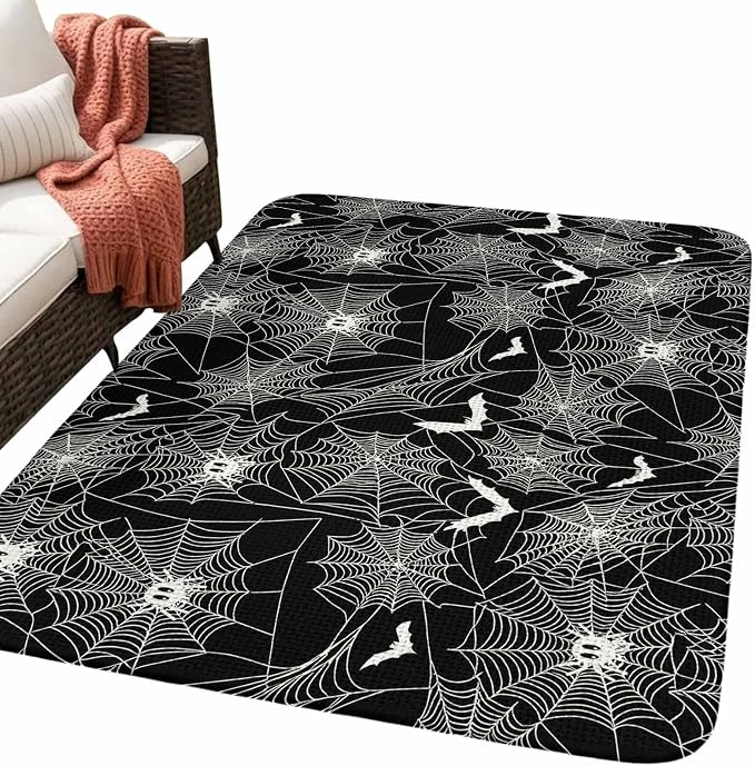 Halloween Washable Area Rugs for Living Room Bedroom, Large Non Slip Indoor Floor Carpet Absorbent Low Pile Black Scary White Bat Animal Net Geometric Door Mat Rugs for Bathroom Entryway 63"x78.7"