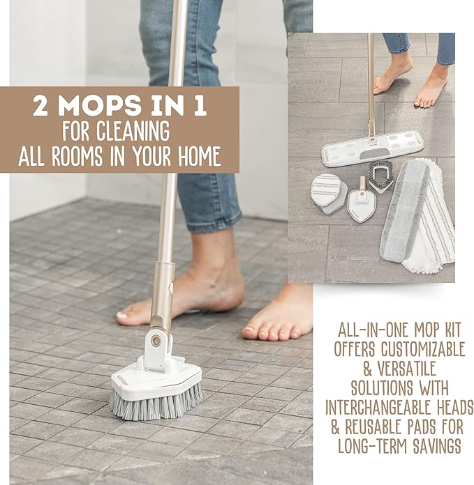 Quick Shine Ultimate Gold Clean + Polish Mop Kit, 11 Pc Set w/Interchangeable Attachments, Cleaner & Finish Included | 2-in-1 Pro Cleaning System w/ Microfiber Pads | All Floors | No Batteries Needed