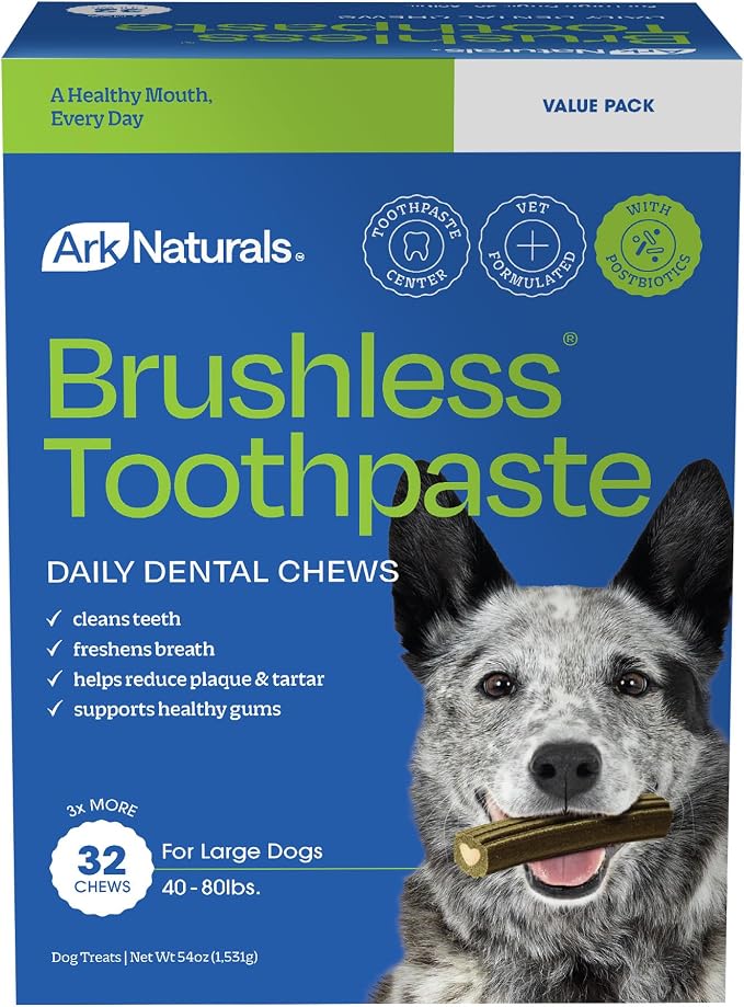 Ark Naturals Brushless Toothpaste Dog Dental Chews - Large Breeds (32 ct) | Vet Formulated Dog Dental Chew with Toothpaste Center - Freshens Breath, Reduces Plaque & Tartar