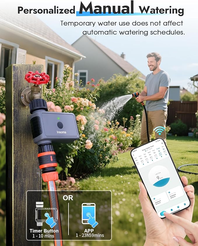 Insoma WiFi Sprinkler Timer, Water Timer for Garden, Smart Hose Timers with Hub Support 2.4GHz WiFi & Bluetooth, Rain Delay & Manual Watering, App/Voice Control Work with Alexa & Google Assistant