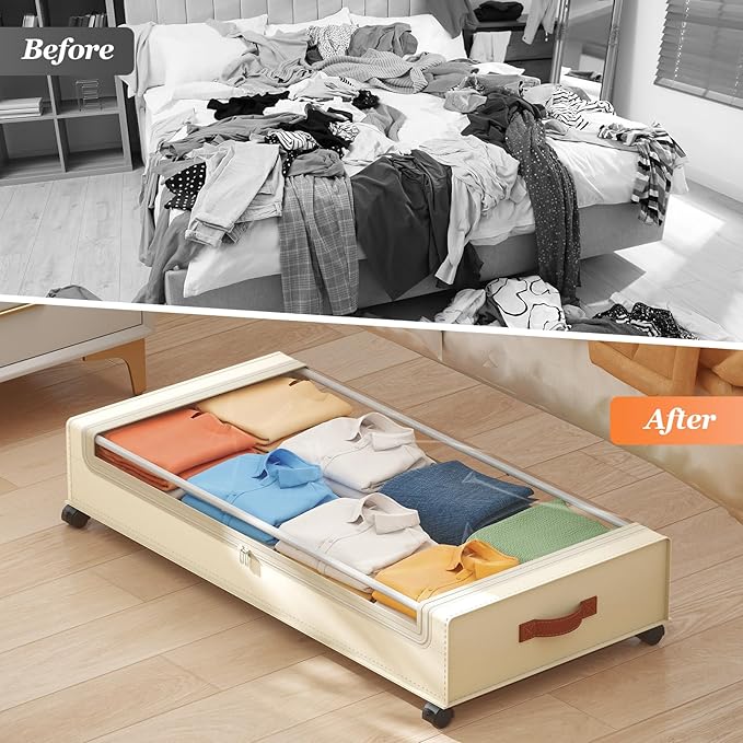 Yecaye 70 L Under Bed Storage with Wheels, 3 Pack Larger Capacity Under Bed Storage Containers, Underbed Shoe Storage Organizer, Rolling Under Bed Metal Drawers for Clothes, Blankets, Beige