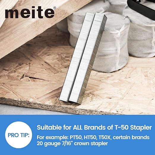 meite T50 Heavy Duty Staples, 3/8 Inch Galvanized T50 Staples for Staple Gun, 20 Gauge 3/8 Inch Crown Staple for Upholstery, Construction, Furniture (1 Case)