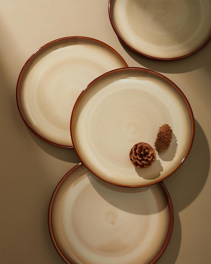 Pokini 16 Piece Double Bowl Plates and Bowls Sets, Ceramic Dinnerware Sets with Pasta Bowls, Dishwasher & Microwave Safe Dish Set, Scratch Resistant Stoneware Plate Set, Service for 4 Brown Yellow