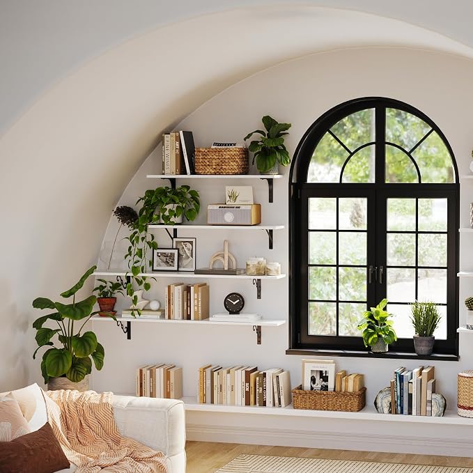 DINZI LVJ Long Wall Shelves, 31.5 x 7.9 x 6.1 Inches, Set of 2 White Floating Shelves, Easy-to-Install, Large Storage Ledges with Sturdy Metal Brackets for Living Room, Bathroom, Bedroom, Kitchen
