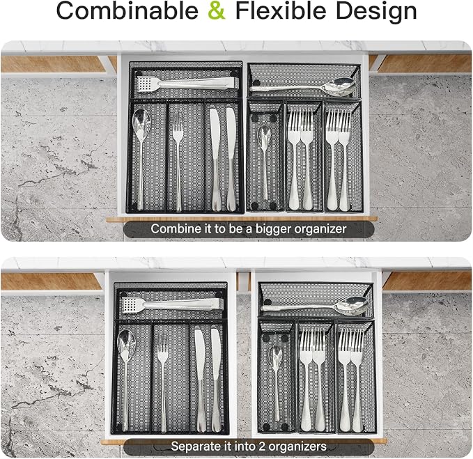 Neudeco Drawer Organizer Set, Black Mesh, 5 Pack | 4-Compartment Silverware Organizer Tray, 4 Utensil Trays, For Flatware, Cutlery, Office Supplies, Non-Slip