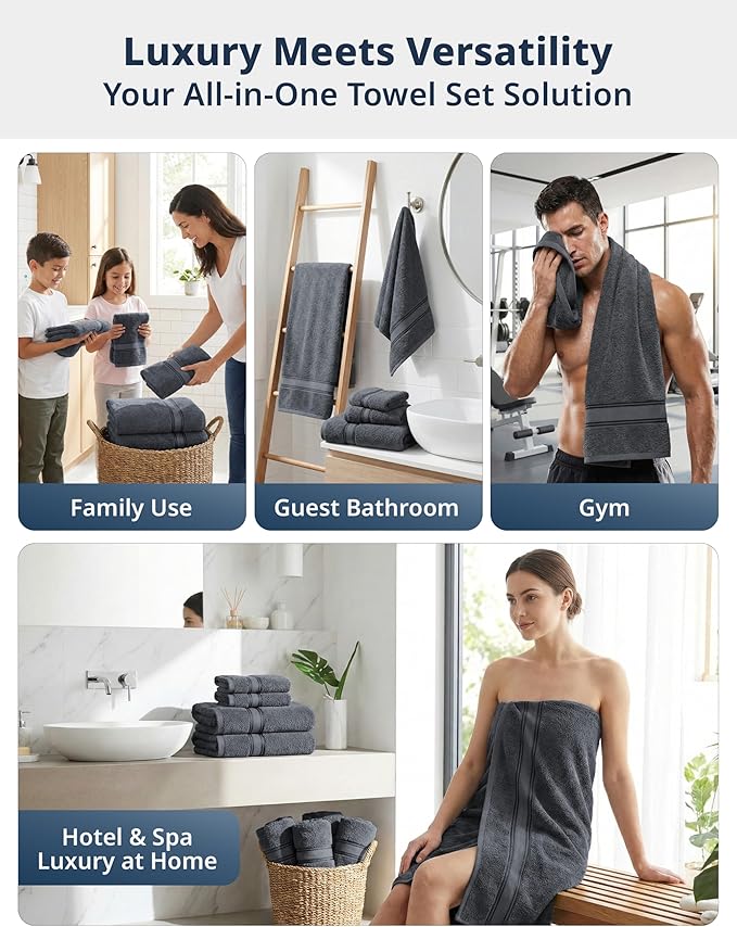 LANE LINEN 100% Mercerized Cotton Bath Towels Set of 18 – Zero Twist, 6 Bath, 6 Hand Towel & 6 Washcloths, Soft, Ideal for Spa Hotel & Home, Gentle on Body, Durable After Multiple Washes – Cool Grey