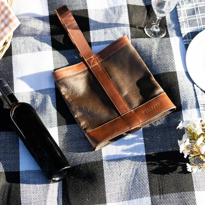 Double Wine Carrier Bag – Leather Wine Tote for Two Bottles with Handle – Protective Carrier for Picnic, Wine Champagne Gift Bag (Chocolate)