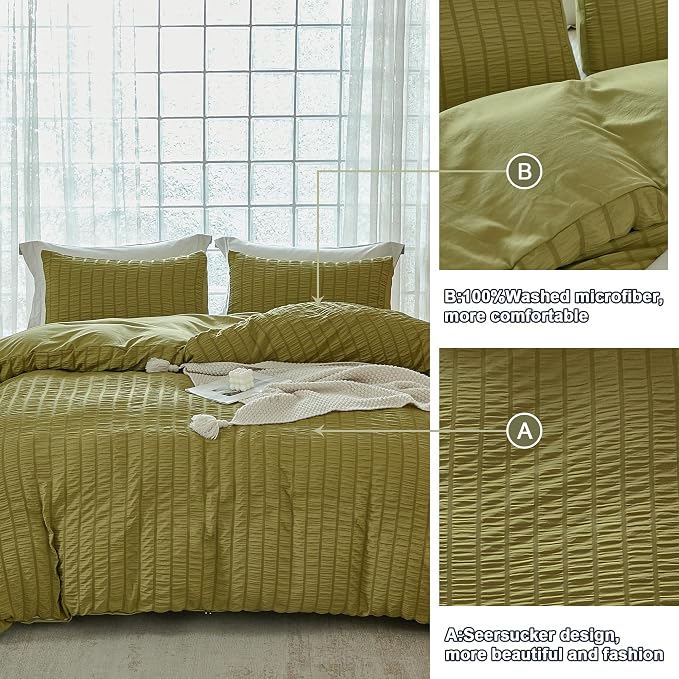 AveLom Olive Green Seersucker Duvet Cover Set King Size (104 x 90 inches), 3 Pieces (1 Duvet Cover + 2 Pillowcases), Ultra Soft Washed Microfiber, Textured Duvet Cover with Zipper Closure, Corner Ties