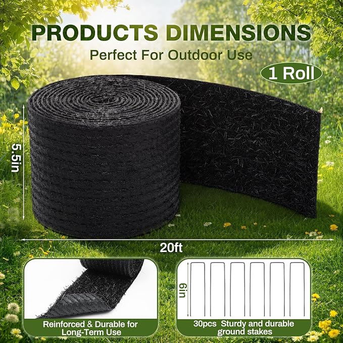 Nuanchu 5.5 in x 20 ft Recycled Rubber Walkway, Black Rubber Mulch Mat Roll | Rubber Mulch Mat Roll for Landscaping Outdoor, Imitation Grass Design for Garden Pathway, Barrier & Edging Border