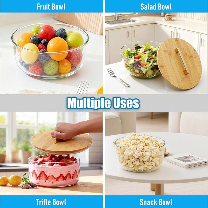 Acelane 9 Inch Glass Trifle Bowl with Sealed Lid, Large Salad Bowl, Modern Versatile Mixing and Serving Bowl for Salad, Dessert, Laying Ice Cream, Cake and Party, Home, Microwave & Dishwasher Safe