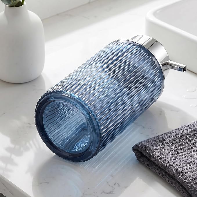 KASUNTING Blue Glass Foaming Soap Dispenser, Ribbed Foam Hand Soap Dispenser for Bathroom, 11 Fl Oz Refillable Foaming Pump Bottle with Black Pump, Modern Dish Soap Foam Dispenser