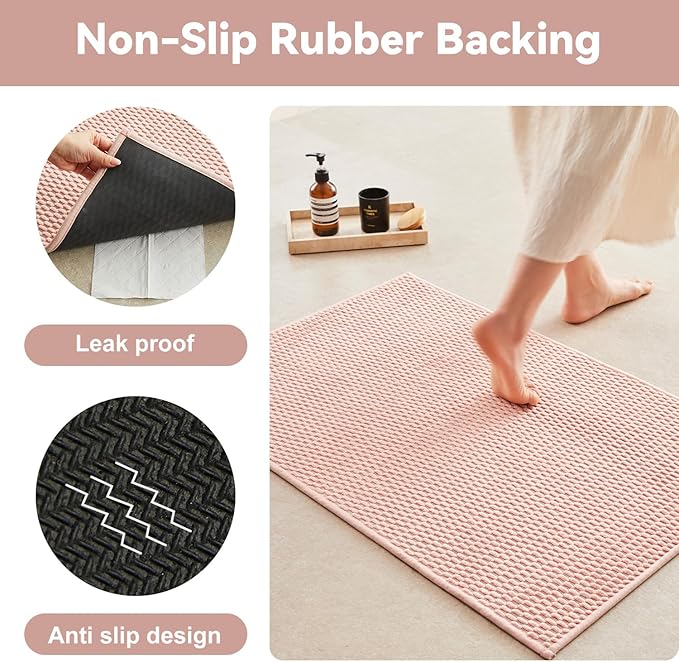Triohero Bathroom Rugs Non Slip Washable, Super Absorbent Thin Bath Mat Quick Dry Low Pile Bathroom Rug, Pink 24"x47"