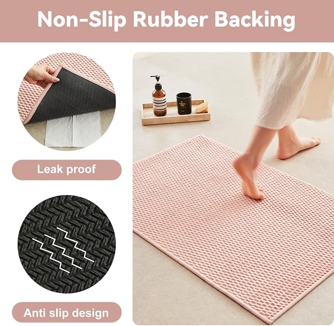 Triohero Bathroom Rugs Non Slip Washable, Super Absorbent Thin Bath Mat Small Quick Dry Low Pile Bathroom Rug, Pink 16"x24"
