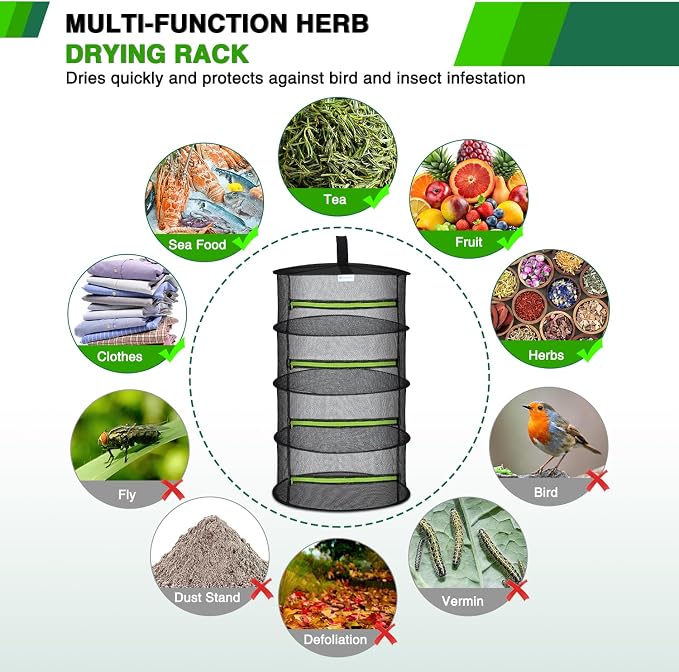 Yesker 4 Layer Herb Drying Rack Hanging Mesh Net Foldable Plant Drying Racks 24" Diameter with Green Zipper & Hook Dryer Hanging Rack for Herbs Seed Bud Fruit Clothes Grow Tent Closets Garden Outdoor | Diameter with Green Zipper & Hook Dryer Hanging Ra...