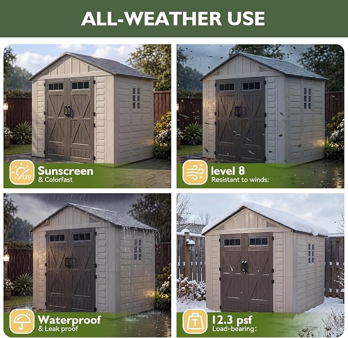 Aoxun 8x8 Ft Outdoor Storage Shed with Lighe & Floor, Large Resin Outdoor Shed with Lockable Door & Windows, Garden HDPE Sheds for Lawn Tools, Pool Supplies & Bikes