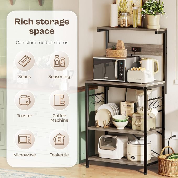 SUPERJARE Kitchen Bakers Rack with Power Outlet, Coffee Bar Table 4 Tiers, Kitchen Microwave Stand with 6 S-shaped Hooks, Kitchen Storage Shelf Rack for Spices, Pots and Pans - Greige