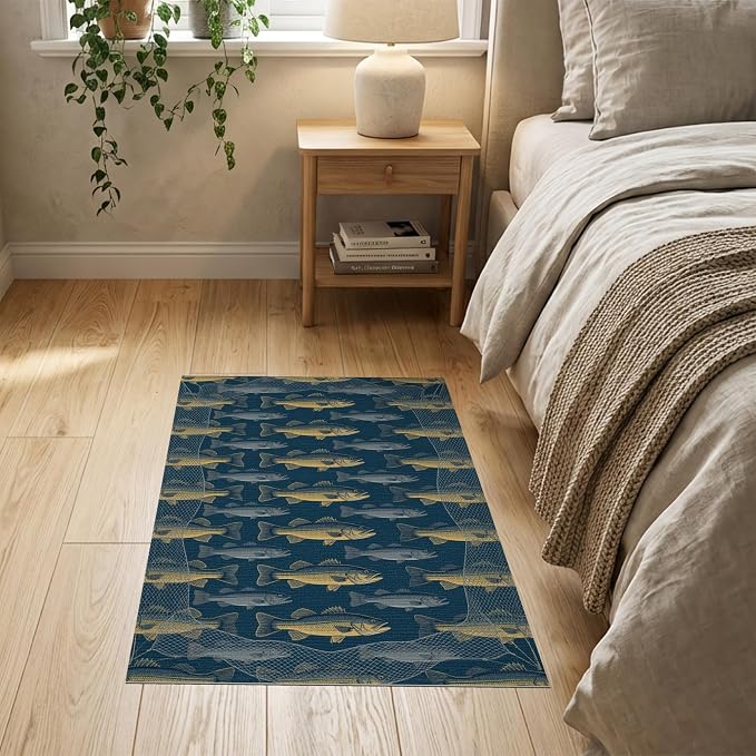 2'x3' Washable Area Rug Bass Repeating Lure Net Border Tackle Motif Angler Fish Fishing Refined Stain Resistant Thin Throw for Entryway, Kitchen, Laundry Room