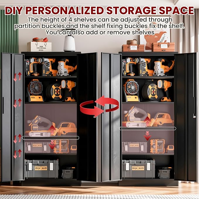 AQY Kitchen Pantry Cabinet,73" Black Pantry Storage Cabinet with 4 Tier Adjustable Shelves and 2 Doors,Freestanding Cupboard,Metal Pantry Cabinets with Handle for Living Room Kitchen Assembly Required