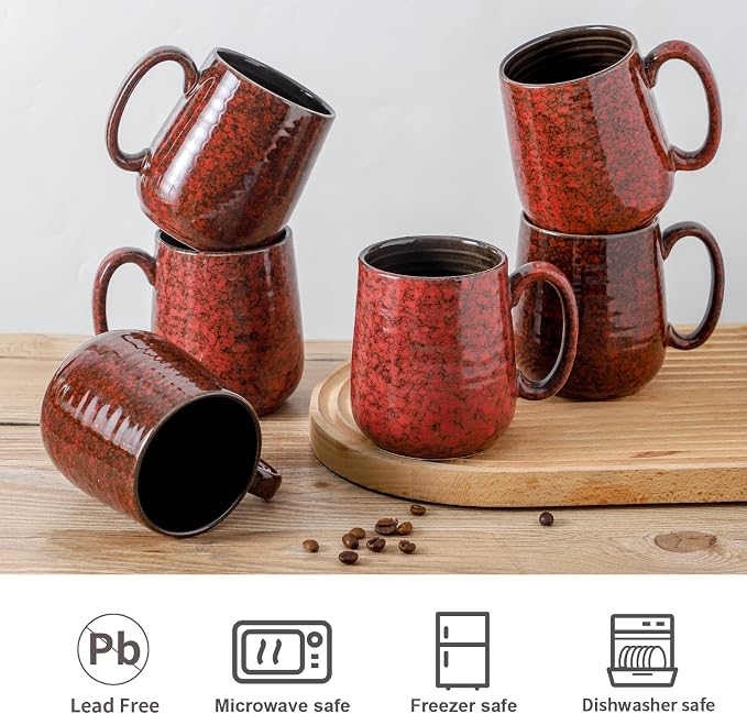 HASENSE Coffee Mugs Set of 6, 15 Ounce Ceramic Coffee Cups Set with Handle, Large Tea Mug for Kitchen, Red Cup for Tea,Cocoa, Milk, Christmas Gift for Women and Men, Dishwasher and Microwave Safe