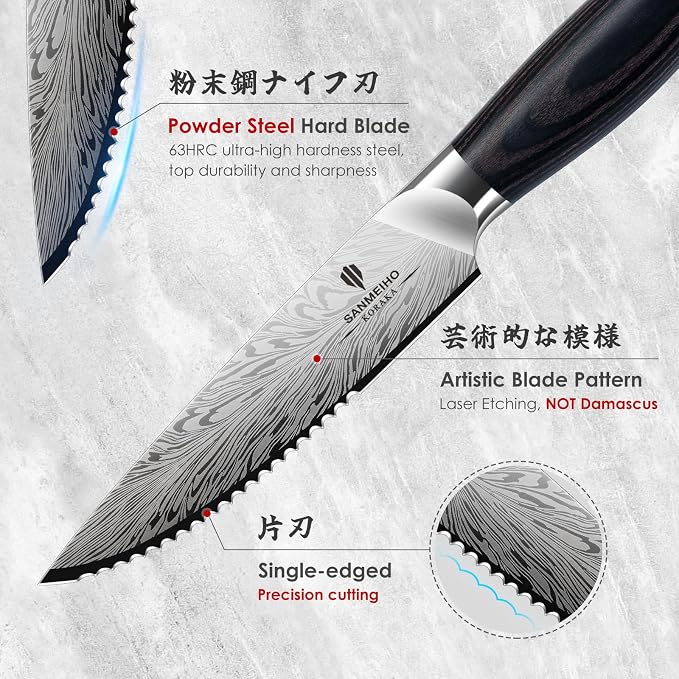 Steak Knives Set of 6, Powder Steel Steak Knife Set | Ultra Sharp 4.5 Inch Serrated Steak Knives with Ergonomic Pakkawood Handle Japanese Knives for Steak, Bread and Butter
