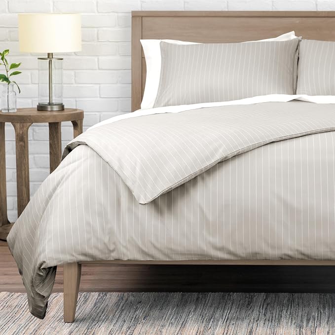 Bare Home Bedding Duvet Cover Extra Long Size - Premium 1800 Super Soft Collection - Lightweight, Cooling - Soft Textured (Twin/Twin XL, Pinstripe - Stone/White)