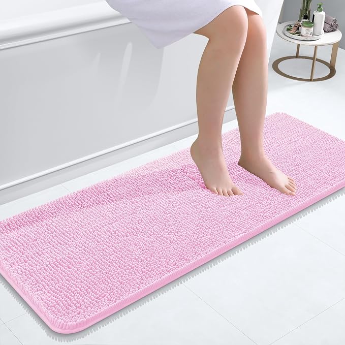 OLANLY Bathroom Runner Rugs 47x17, Extra Soft Absorbent Chenille Bath Rugs, Rubber Backing Quick Dry, Machine Washable Long Bath Mats for Bathroom Floor, Tub and Shower, Home Decor Accessories, Pink