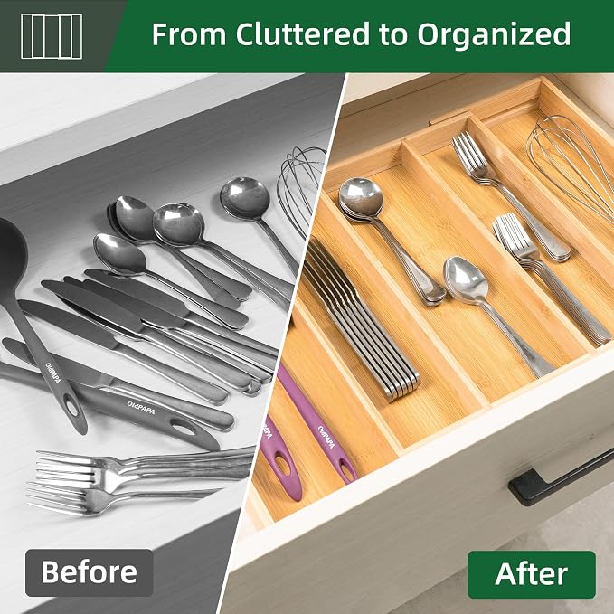Utoplike Drawer Organizer Kitchen Utensils, Expandable Bamboo Cutlery Tray | Extendable Silverware Holder for Drawer, Flatware Caddy for Organized Kitchen, Apartment and RV, 3-5 Slots