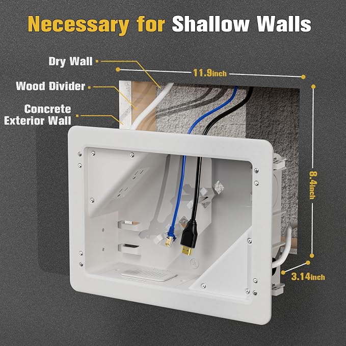 in-Wall TV Box with Flange for Home Theater Installation, Cord Hider for Wall Mounted TV, with 2 Duplex Outlets, Cable Bracket, LV Cable & 1-1/2" ENT Entrance, Ideal for New or Retrofit Job, 2 Pack