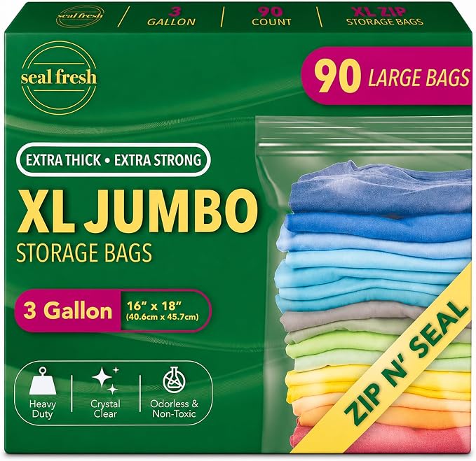 Seal Fresh 3 Gallon Large Plastic Storage Bags – 16" x 18" (90 Count) – Reusable XXL Extra Large Clear Jumbo Zip Bags with Sealable Zipper Top For Clothes, Travel, Moving