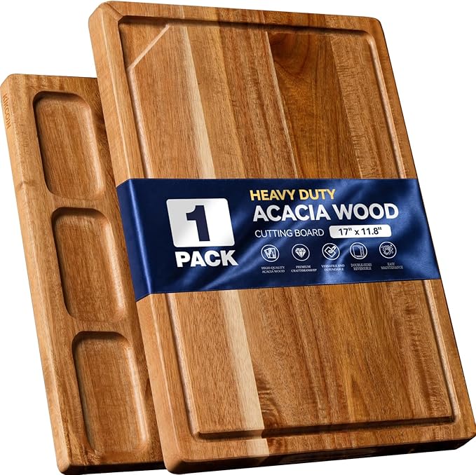 17" x 11.8" Acacia Wood Cutting Boards for Kitchen, Kikcoin Wooden Cutting Board, Chopping Board with Built-In Compartments and Juice Groove, Heavy Duty Charcuterie Board Wood Butcher Block