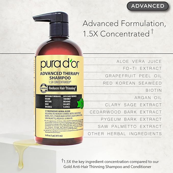 PURA D'OR Advanced Therapy Biotin Shampoo & Hair Regrowth Conditioner Set For Hair Thinning, CLINICALLY TESTED Effective Thickening Results, For Women & Men, Invigorating Forest Scent, 16oz x2