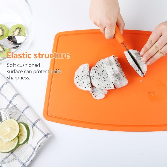 Thick Cutting Boards for Kitchen Silicone Chopping Board Set of 2 Mid 12.6'' x 9.1”,Mini 9.1”x7.1” Non-slip Deep Drip Juice Groove Easy Grip Handle,Dishwasher Safe-Orange