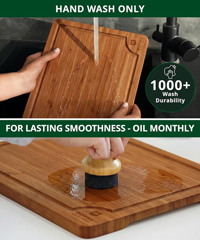 ROYAL CRAFT WOOD Wooden Cutting Boards for Kitchen Appliances - Non Toxic Bamboo Wood Cutting Board Set with Deep Juice Groove, Side Handles, Charcuterie & Butcher Block for Meat, Meal Prep & Serving