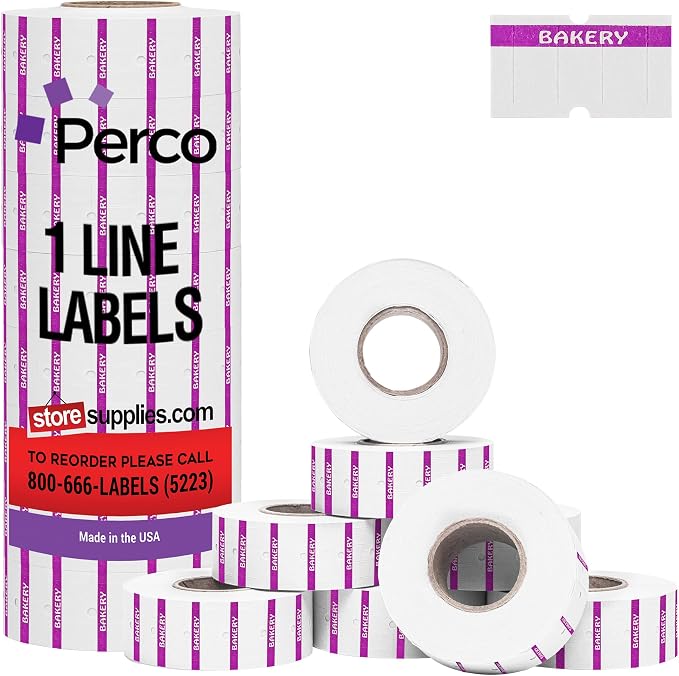 Perco 1 Line Purple Reverse Print on White Bakery Labels — 8,000 Labels for Perco Lite, X, Plus & Pro Guns—with Tamper-Proof Design for Marking Breads, Pastries, Cakes — 8 Rolls, 1 Sleeve—Made in USA