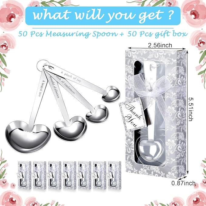 Yinder 50 Sets Heart Measuring Spoons Wedding Favors for Guests with Gift Box and Thank You Card, Bridal Shower Favors Bulk, Kitchen Measuring Spoon Gift Set for Party Souvenirs(Silver)