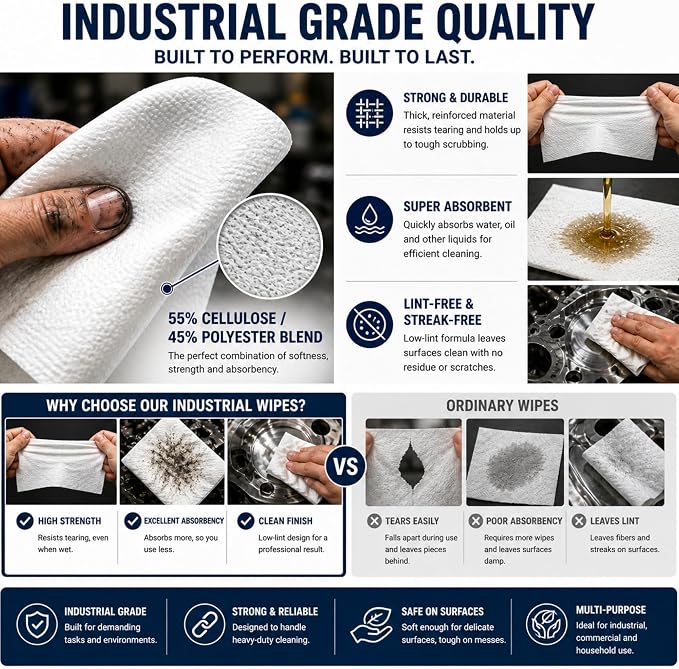 4 Rolls Industrial Cleaning Wipes Jumbo Roll, Heavy Duty Lint Free Shop Towels, Super Absorbent Reusable Cleaning Cloths for Garage Workshop Automotive, 500 Sheets 12"x 10" (White, 10"X12")