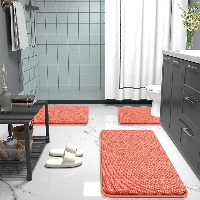 OLANLY Memory Foam Small Bathroom Rugs 24x16, Absorbent Bath Mat, Coral | Soft Quick Dry Bath Mat Rugs, Non-Slip, Machine Washable Mat for Bathroom Floor, Tub and Shower, Home Decor Accessories