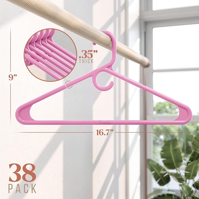 NEATERIZE Thick Heavy Duty Hangers - Pink Plastic Clothes Hangers 38 Pack - Great for Coat Hanger, Jackets Jeans & Suit Hanger for Closet - New Apartment Essentials Percheros Ganchos para Colgar Ropa