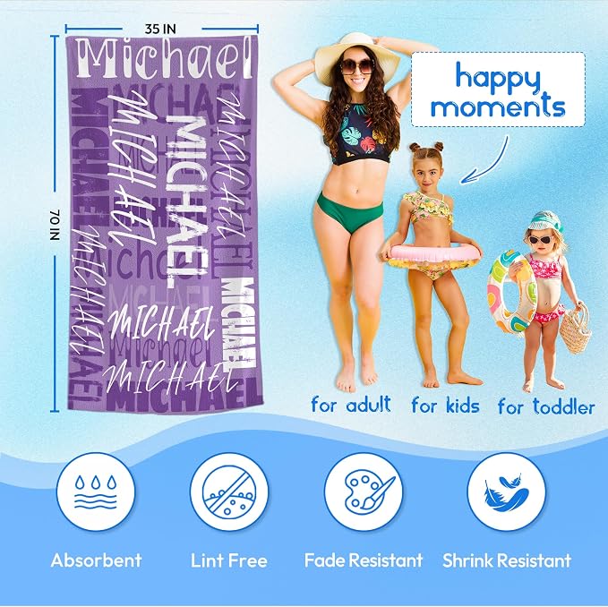 JML Personalized Beach Towel with Name, Custom Beach Towel with Name, Customized Microfiber Pool Towel, Quick Dry & Absorbent Swim Towel for Adult,Anniversary, Birthday, Summer Holiday,Vacation