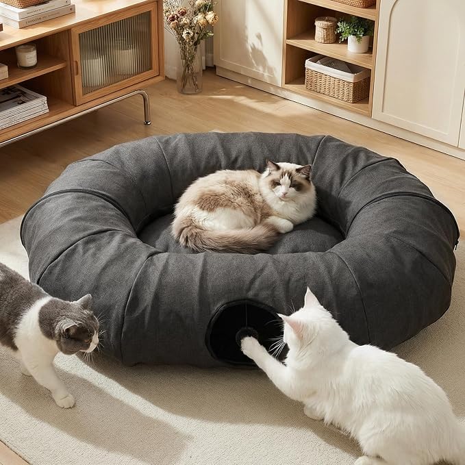 Extra Large Cat Tunnel, Cooling Natural Linen Big Tunnel for Large Cats, 47.2in Multi-Cat Family Long Cat Tunnel Bed with Washable Mat, Breathable & Durable Big Cat Tunnel for Cats, Dark Grey