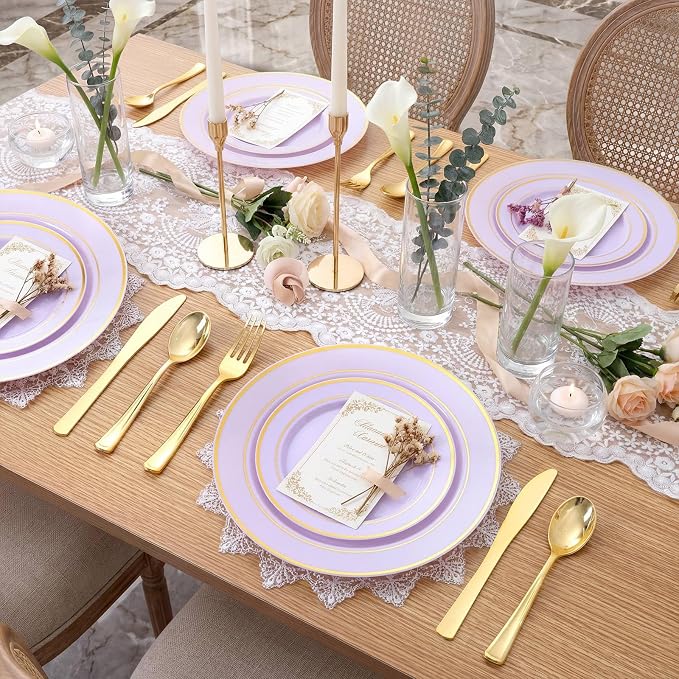 WDF Partyware 175PCS Purple Plates Disposable - Lavender Plastic Plates 25Guests Plastic Dinnerware with Rolled Napkins for Birthday/Spring/Baby Shower/Birthday